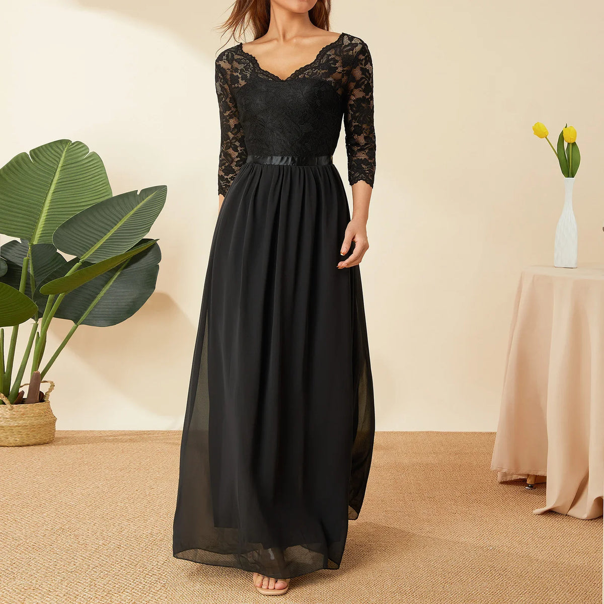 Elegant Lace Chiffon A-Line Long Dresses Women Wedding Dress Bridesmaid Dresses V-neck Mid-Sleeve Backless Zipper Female Dress