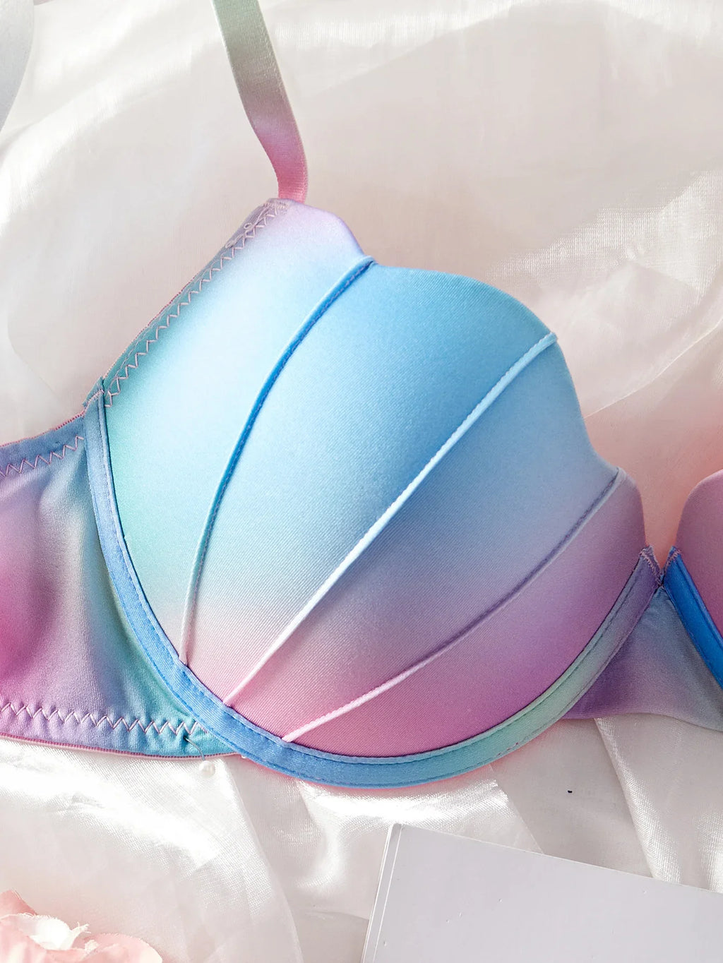 Women's Pastel Gradient Push up Bra Vertical Rib Shell Thin Cup Sexy Bra Comfort Underwire Lingerie Top