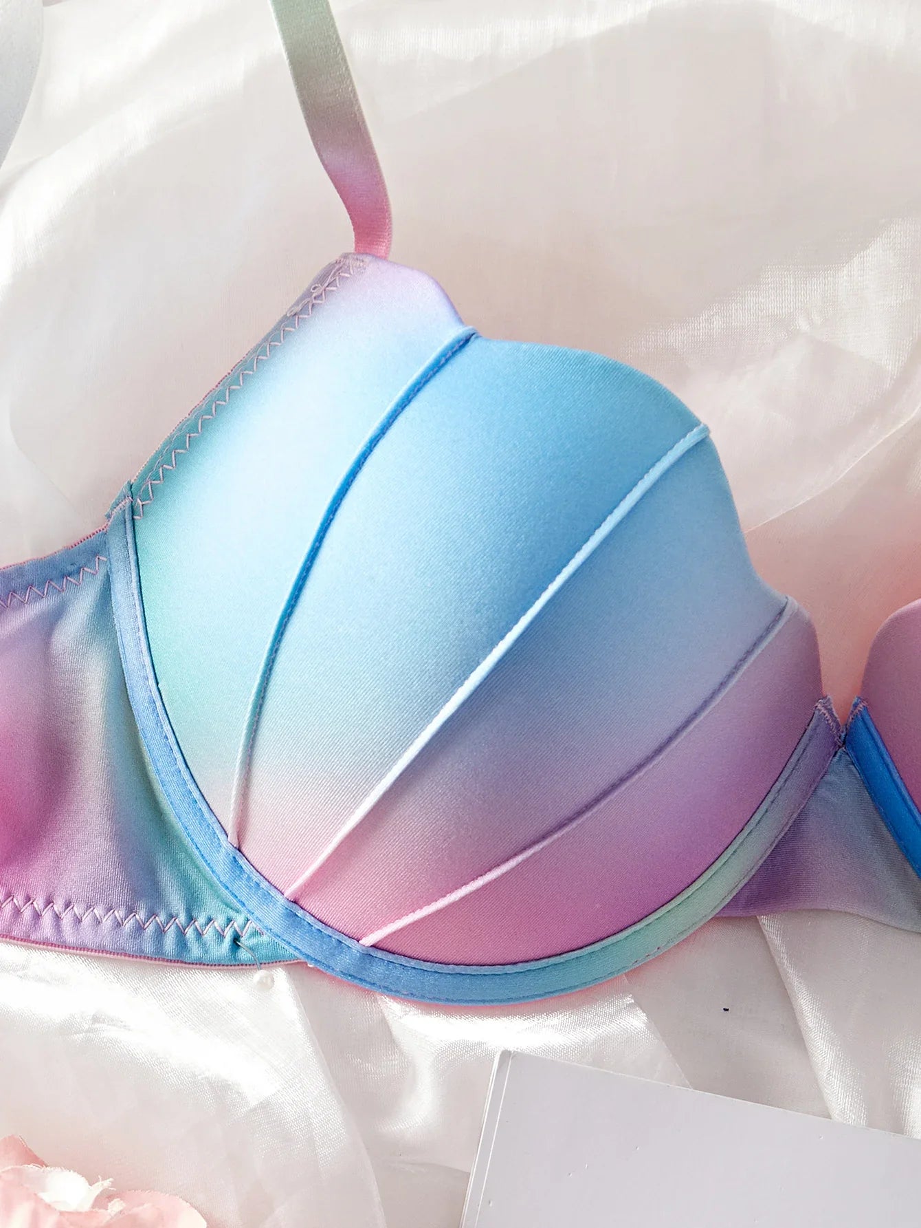 Women's Pastel Gradient Push up Bra Vertical Rib Shell Thin Cup Sexy Bra Comfort Underwire Lingerie Top