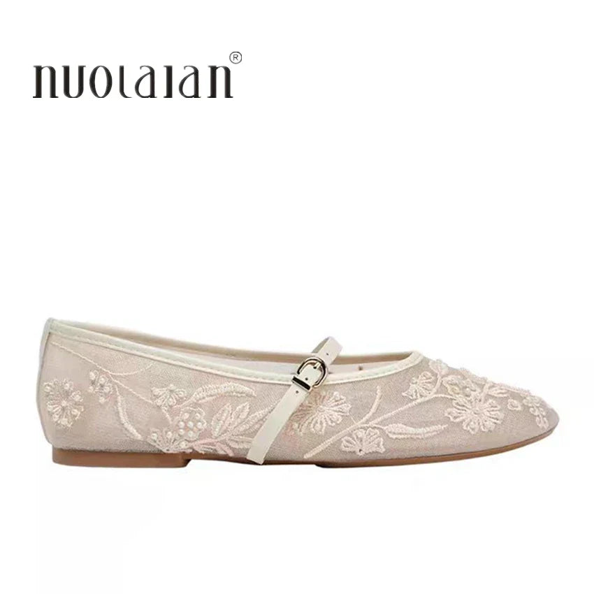 Mesh Embroidery String Bead Design Women Ballet Flats Fashion Buckle Breathable Mary Jane Shoe Comfort Low Heel Soft Flat Sandal