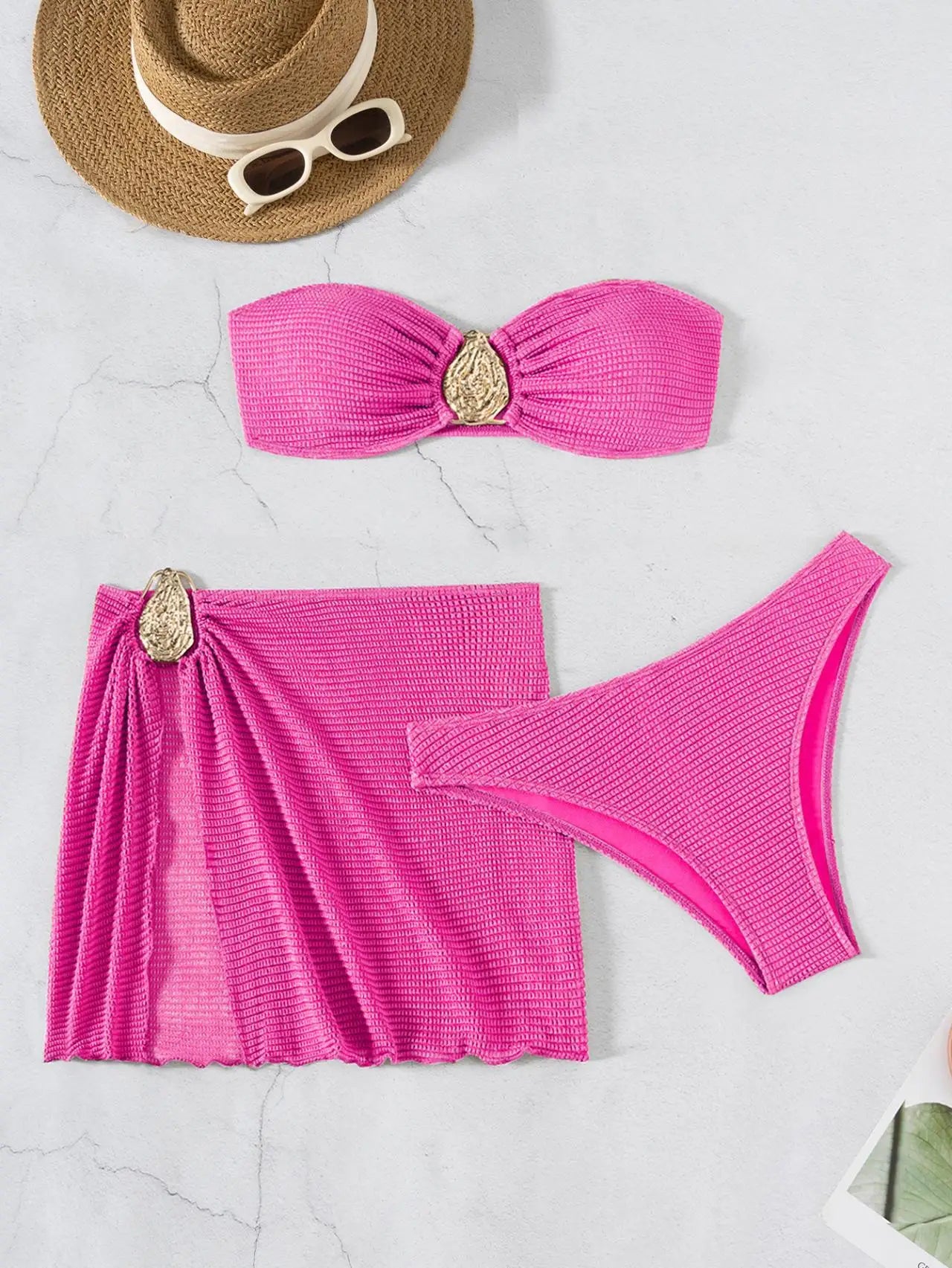2026 New Sexy Bandeau Bikini Women Metal Water Droplet Ornament Push Up Mesh Skirt 3 Piece Swimsuit Beach Bathing Suit Swimwear