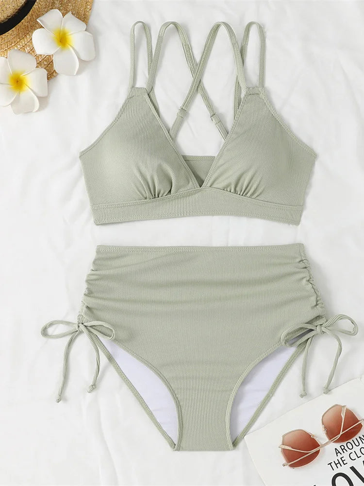 Women's Two Piece Swimsuit Black Double Strap Push Up Pleate Drawstring Side High Waist Bikini 2025 Beach Bathing Suit Swimwear