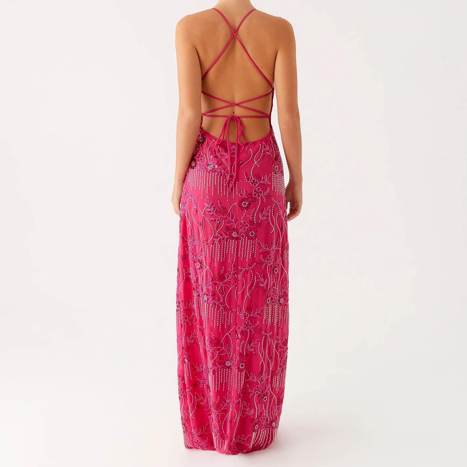 Elegant Sequin Beaded Women Maxi Dresses Flower Embroidery Sleeveless Party Cami Dress Summer Criss Cross Spaghetti Strap Dress