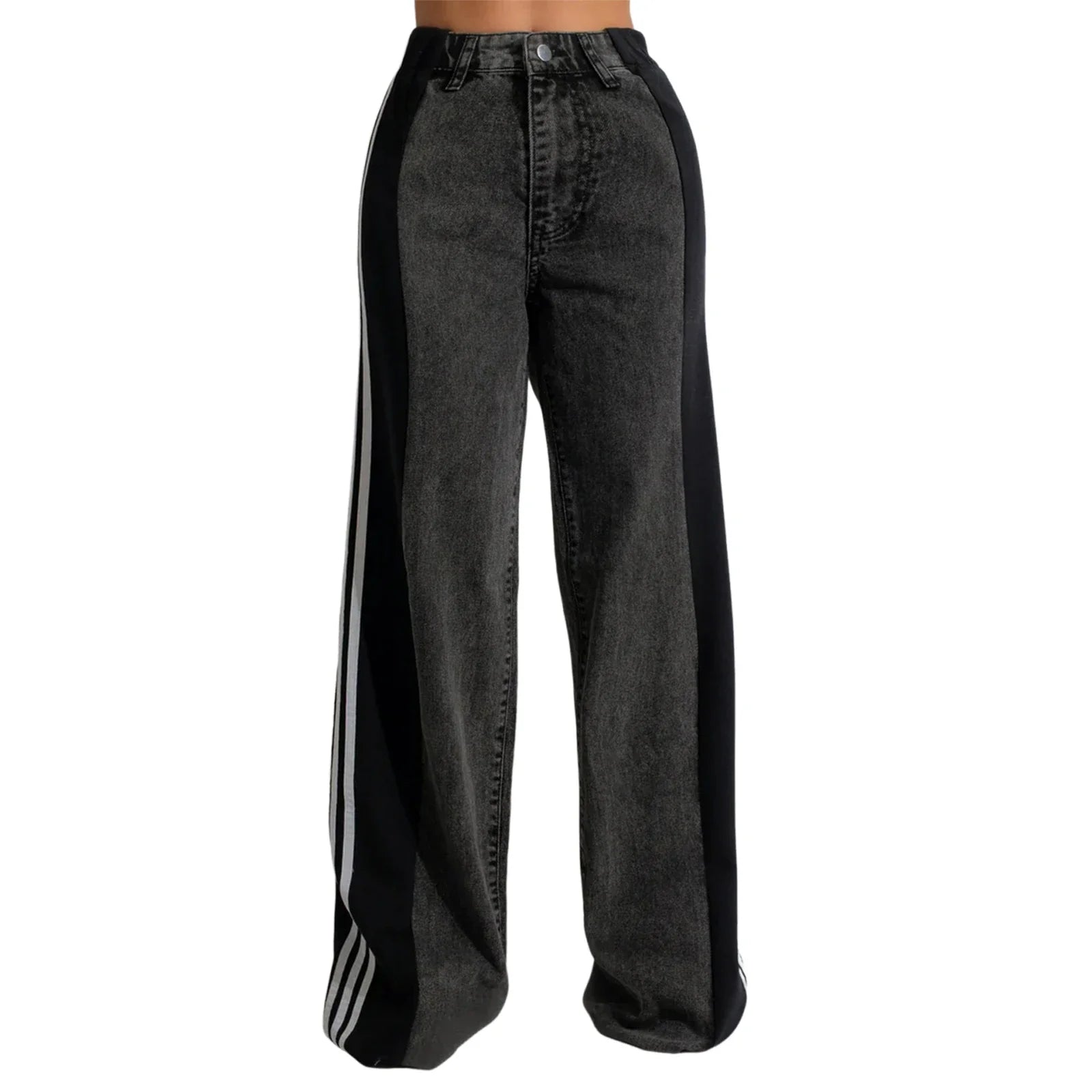Women's Spring Summer Baggy Jeans Pants High Waist Loose Wide Leg Side Striped Denim Pants Streetwear