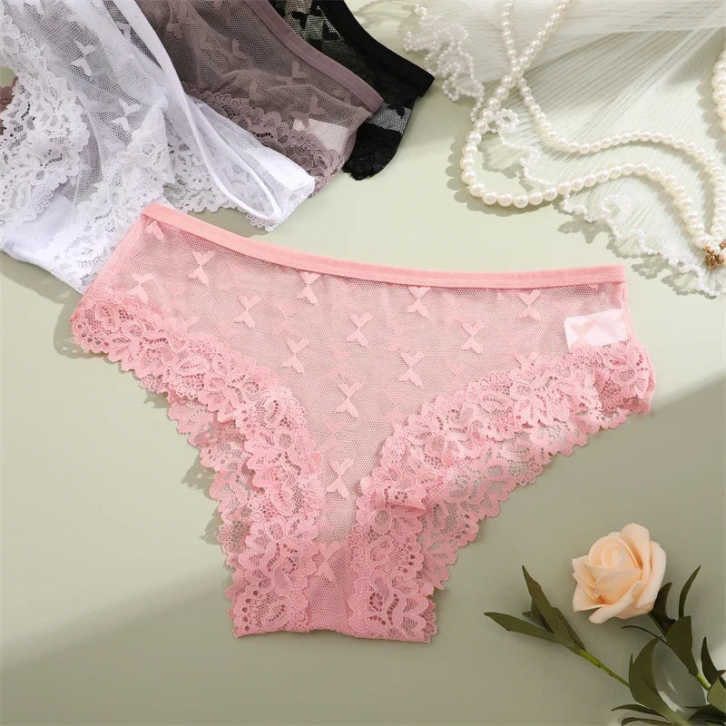 4PCS Lace Bikini Briefs Panties Women's Transparent Lingerie Sexy Female Underpants Floral Lace Perspective Waist Band Briefs