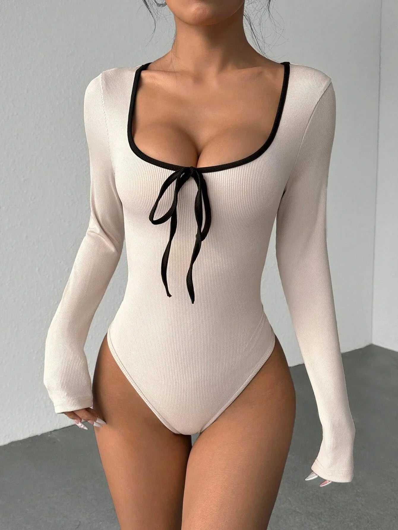 Women's Sexy U-Neck Bowknot Color Block Long Sleeve Bodysuit Casual Slim Fit Rib-knit Bodycon Spring/Fall Streetwear