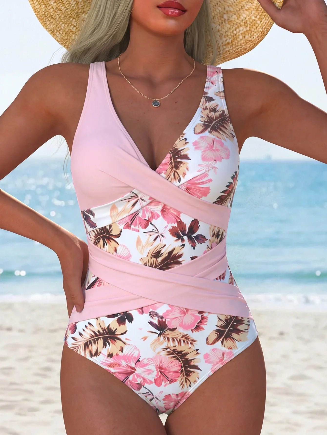 sexy Pink Floral Print Patchwork Swimwear Women 2026 V Neck Cross Tummy Control One Piece Swimsuit Beach Bathing Suit Swimwear