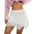 Womens Solid Color Summer Short Skirts Floral Lace Sheer Asymmetric Frill Hem Soft Lined Waist Ruched Mini Low Rise Skirts