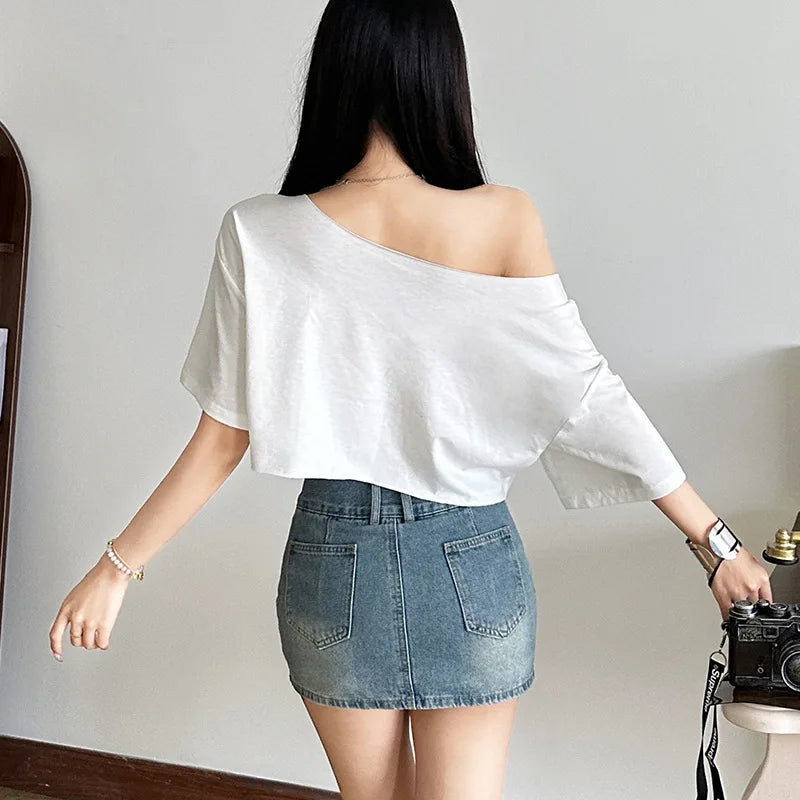 Letter Print Oversized Tees Women Skew Collar Off Shoulders Short Sleeves T-shirt Irregular Hem Hip-hop Style Trend Crop Tops