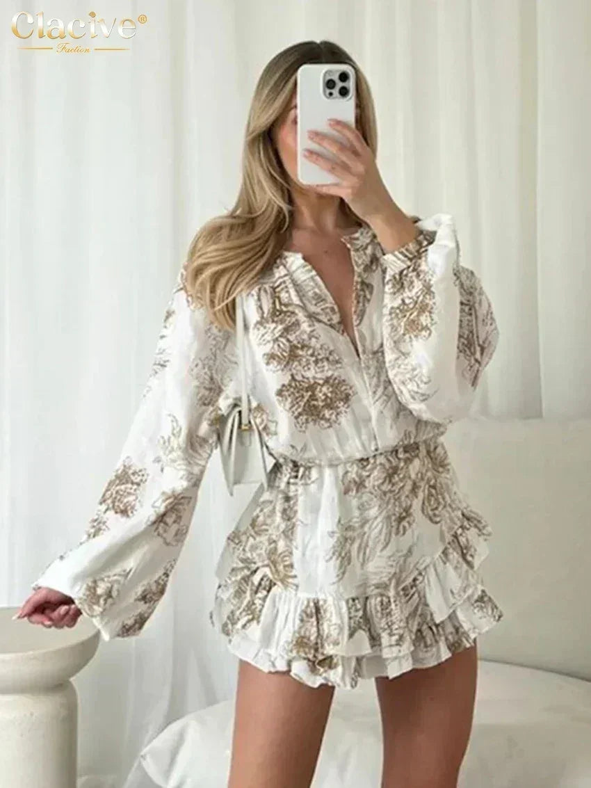 Clacive Fashion Loose Print Women's Dress 2024 Casual O-Neck Long Sleeve Mini Dresses Elegant High Waist Pleated Female Dress