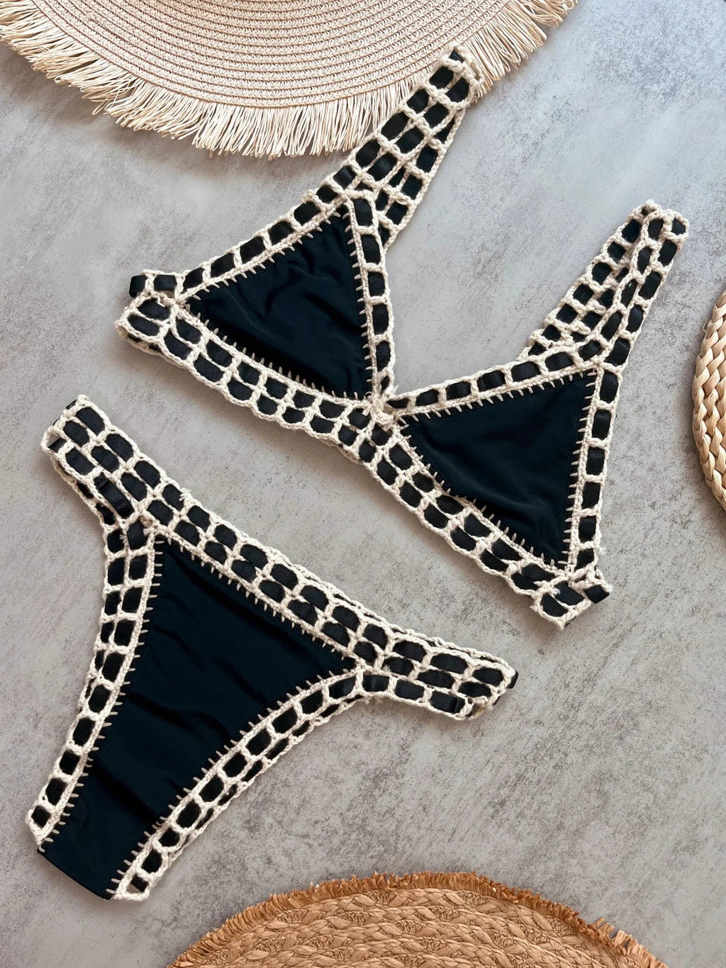 Sexy Black Patchwork Hand Crochet Bikini Set Women 2026 V Neck Push Up Bra Thong Swimsuit Beach Bathing Suit Knitted Swimwear