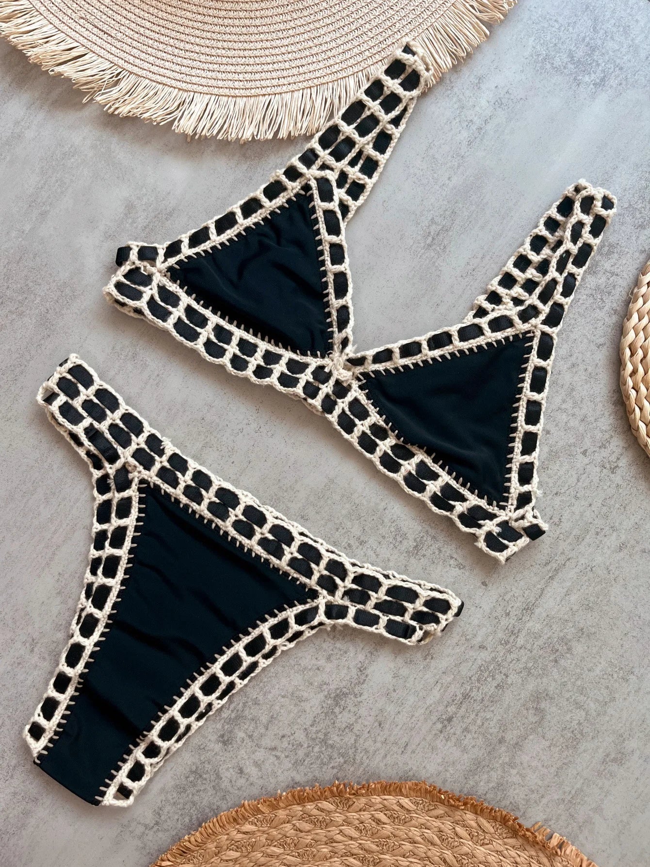Sexy Black Patchwork Hand Crochet Bikini Set Women 2026 V Neck Push Up Bra Thong Swimsuit Beach Bathing Suit Knitted Swimwear