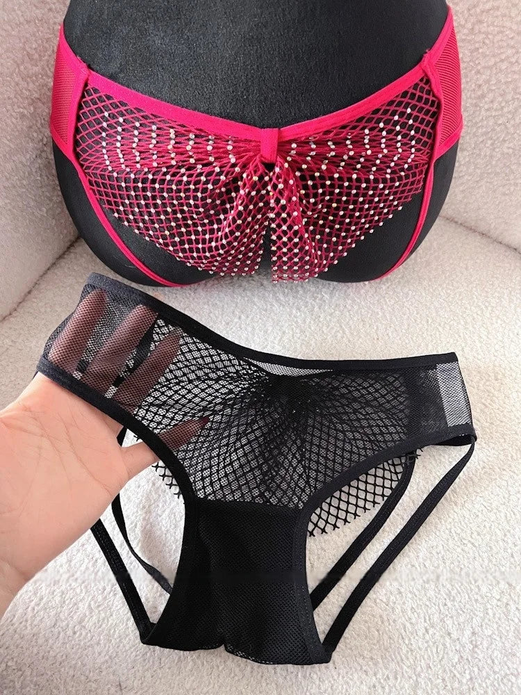 Diamonds Sexy Girls Briefs Thong Women Panties Mesh Rhinestones G String Hot Erotic Underwear Low Waist Female Intimates