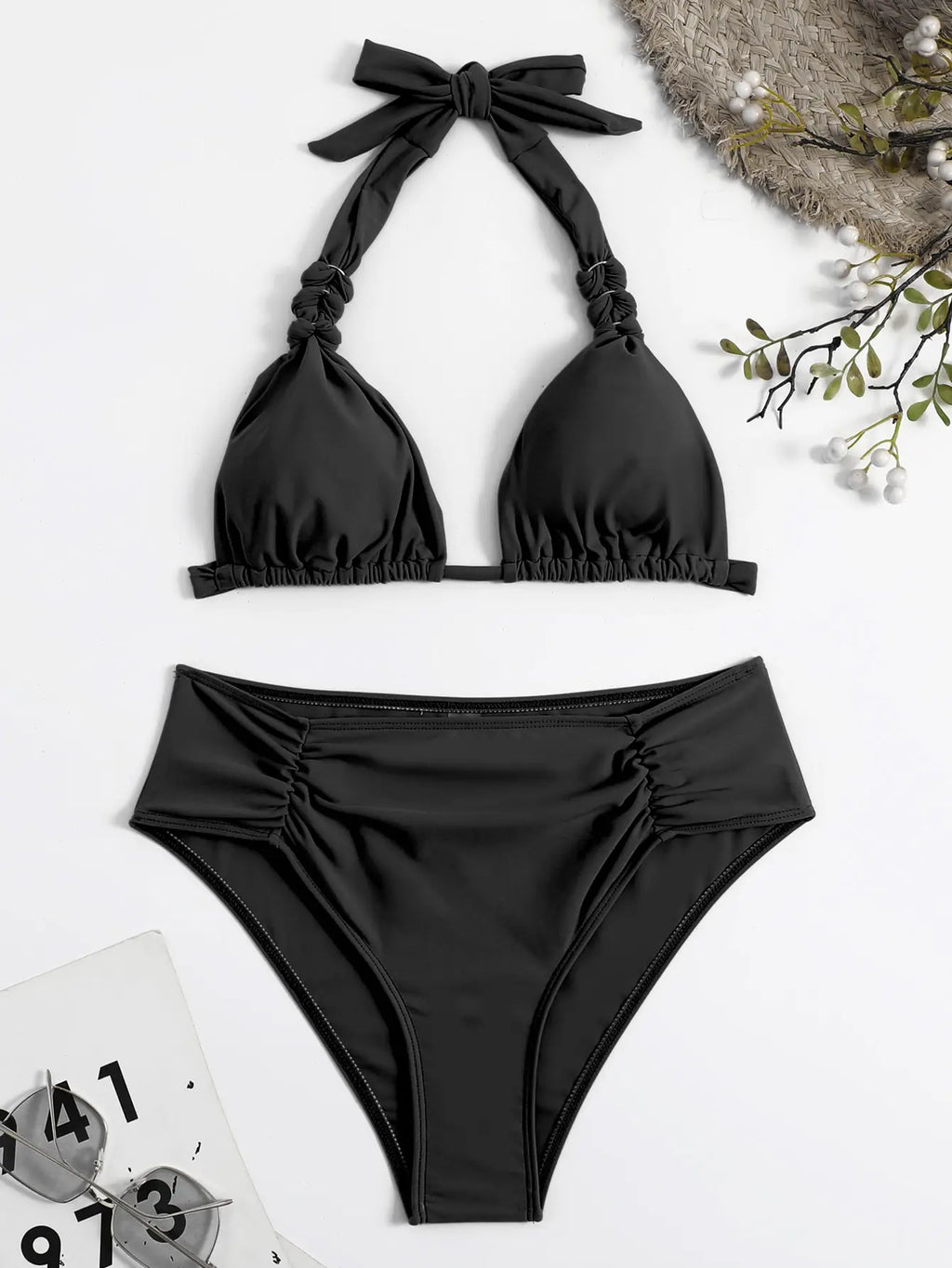 2024 Sexy Bikinis Women Brown Halter Brazilian Swimsuit Female Pleated Bikini Set Black Push Up Swimwear Beach Wear Bathing Suit
