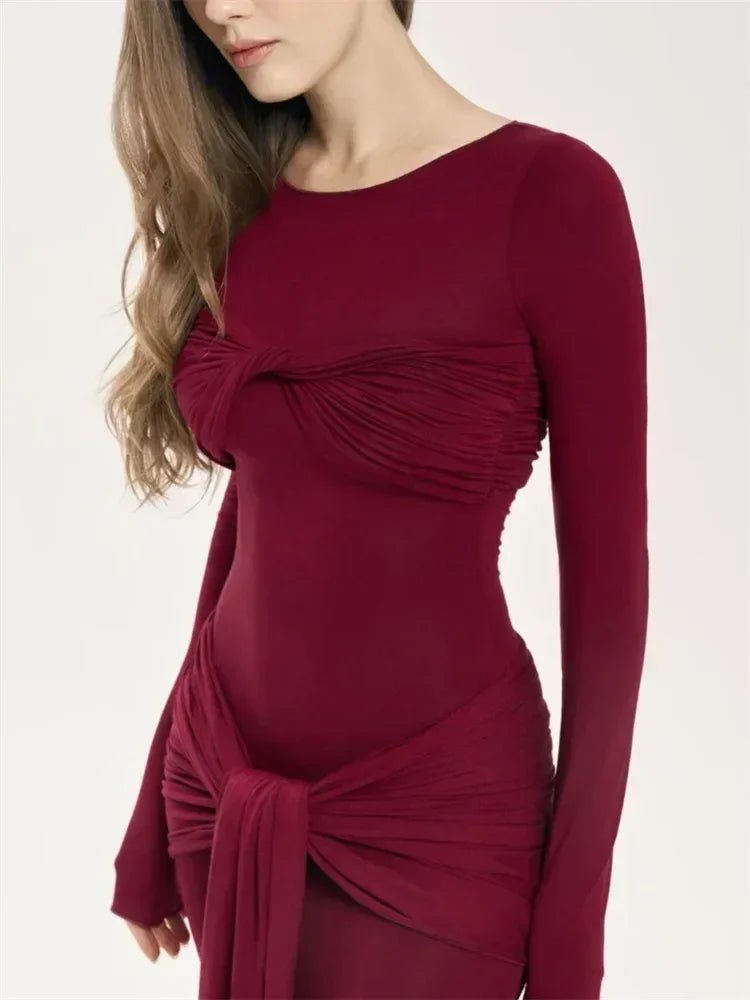 Tossy Female Pleated Sexy Maxi Dress Patchwork Twist Slim Long Sleeve Solid Y2k Autumn Streetwear Dress Women's Bodycon Dress