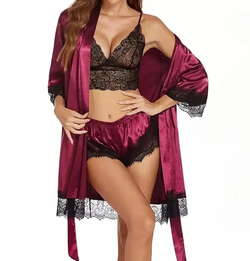 4pcs Women's Elegant Nightgown Pajama Set - Long Sleeve Lace Trim Bathrobe & Underwear, Soft Sleepwear for All-Season