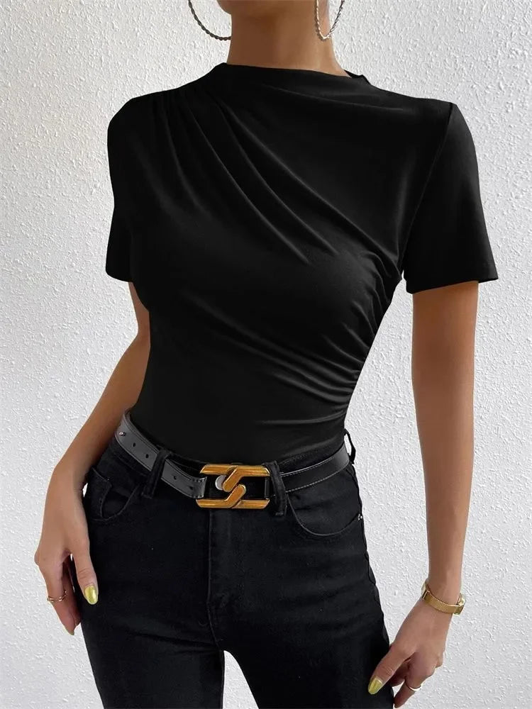 Women Short Sleeve Pleated T-shirt Summer Casual Slim Fit Mock Neck Ruched Tee Top Streetwear