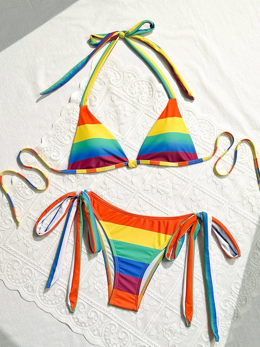Women's Rainbow Color Bikini Set Sexy Beach Vacation Backless 2 Piece Swimsuit 2024 Summer Bathing Suit Bra Push Up Swimwear