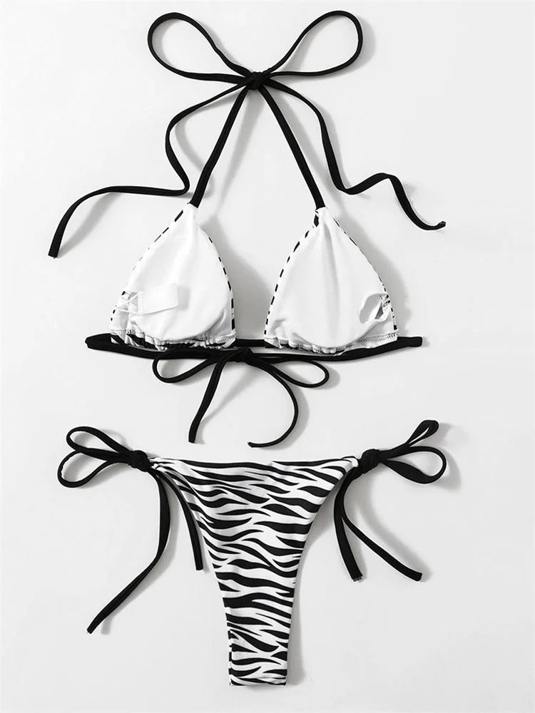 Sexy Zebra Striped Bikini Women Halter Push Up Triangle Swimsuit Brazilian Summer Bathing Suit Micro Swimwear 2025 Swimming Suit