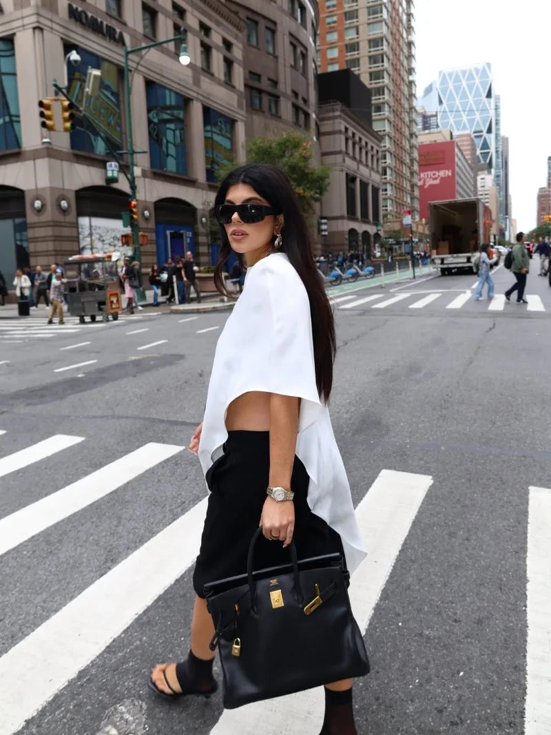 Trendix White Asymmetrical Cover Up For Women Fashion Ruffle Hem Loose Short Sleeve Shirts Casual Elegant Commuting Pullover Top
