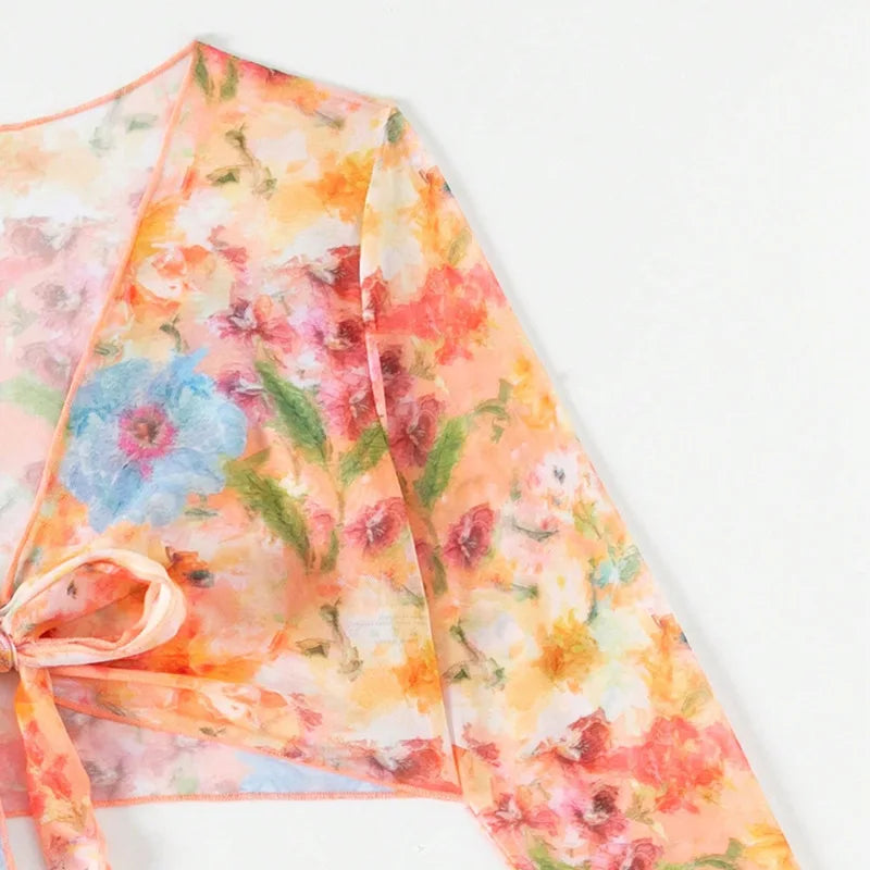 4 Piece Bikini Set Women Orange Floral Print Long Sleeve Mesh Cover Up Ruffle Skirt Swimsuit 2024 Sexy Bathing Suit Swimwear