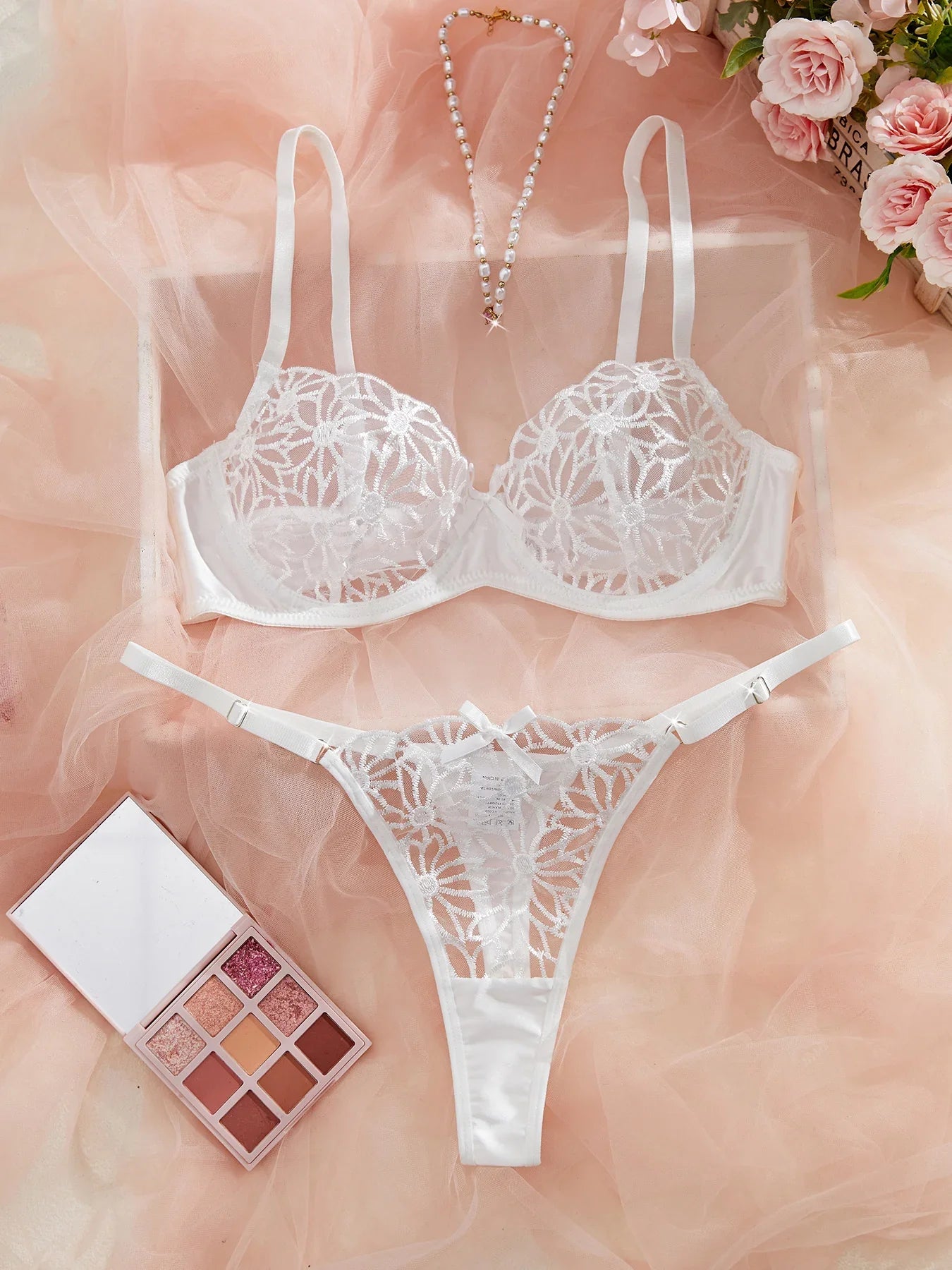 Women's White Lace Bra and Thong Set - Sexy Floral Embroidered Underwear, Sheer Mesh, Bridal/Party Wear