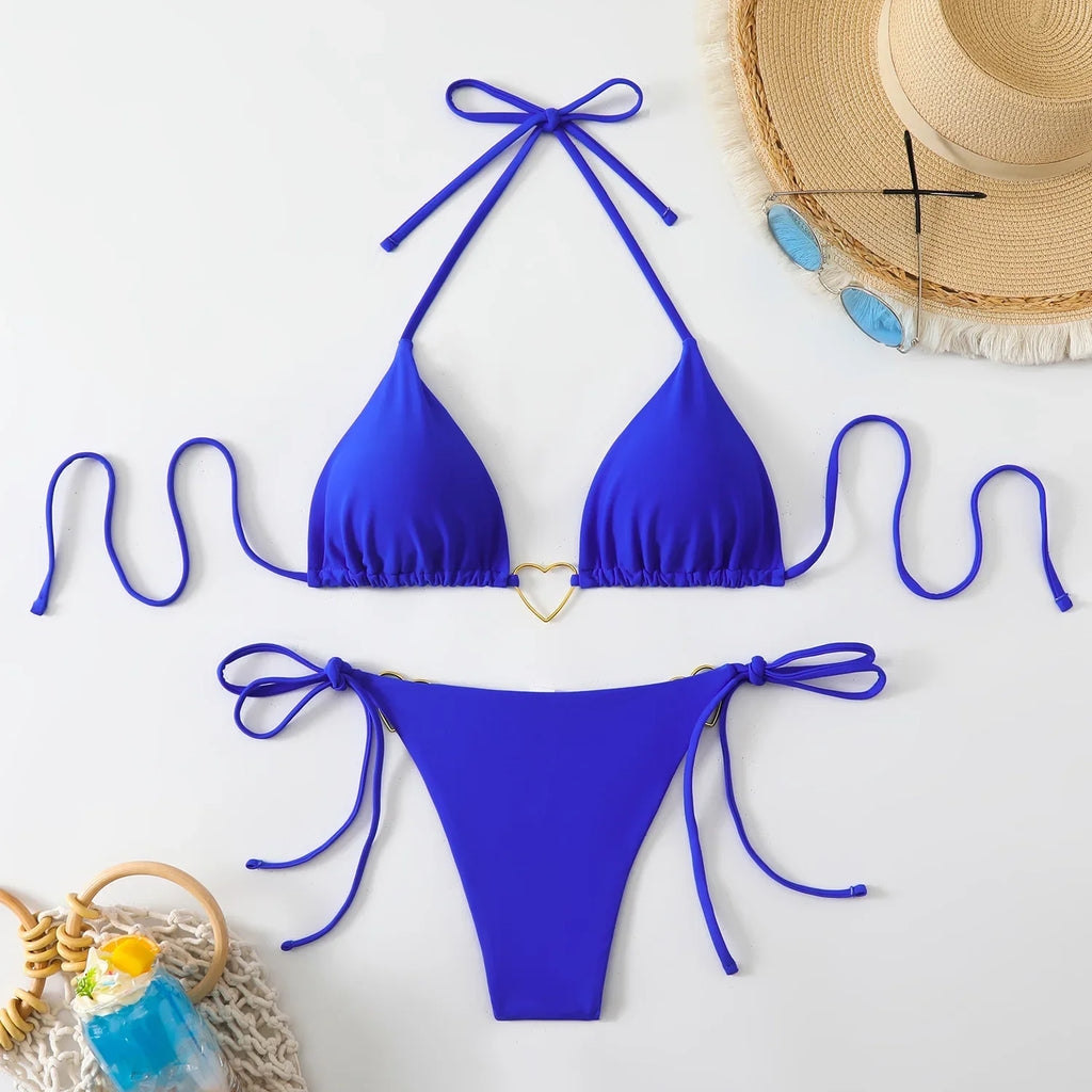 Sexy Metal Heart Ornament Bikini Set 2026 Women Blue Pink Halter Push Up Bra Thong Swimsuit Beach Bathing Suit Vacation Swimwear