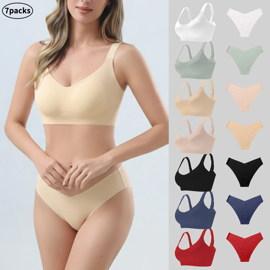7pack of Color Women's Seamless Wireless Sports Bras Panties Set - Soft Push-Up Design Everyday Basic Lingerie Free Shipping