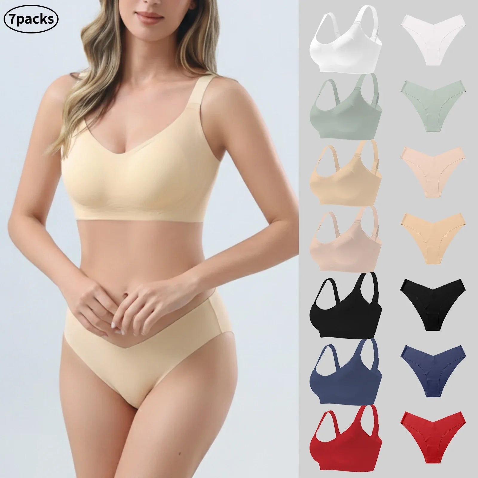 7pack of Color Women's Seamless Wireless Sports Bras Panties Set - Soft Push-Up Design Everyday Basic Lingerie Free Shipping