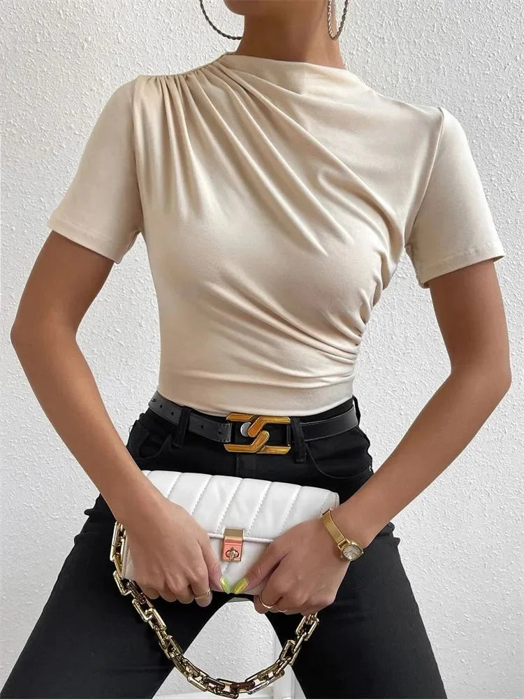 Women Short Sleeve Pleated T-shirt Summer Casual Slim Fit Mock Neck Ruched Tee Top Streetwear