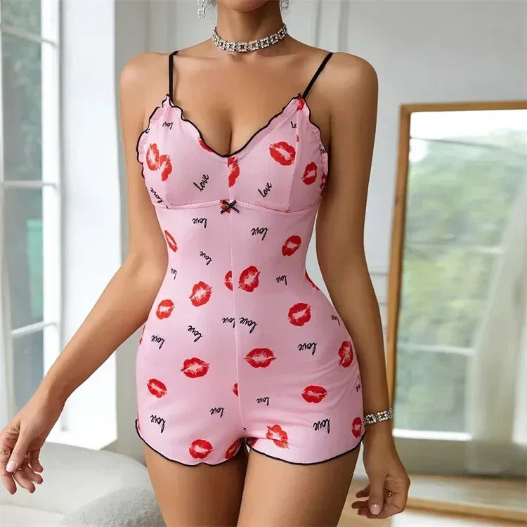 Women's Pajamas One Piece Pajamas Red Lip Printed Sleeveless Pijama Short Onesie Adults V-Neck Suspenders Funny Pajamas Bodysuit
