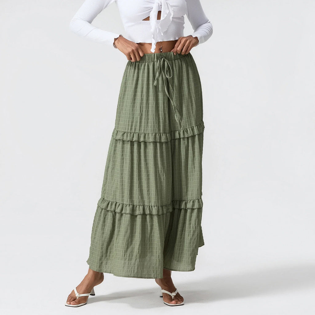 Elegant Women Long Tiered Skirt Summer Autumn Casual Ruffled Shirred Frill Trim Elastic Waist Drawstring A-Line Skirt Streetwear