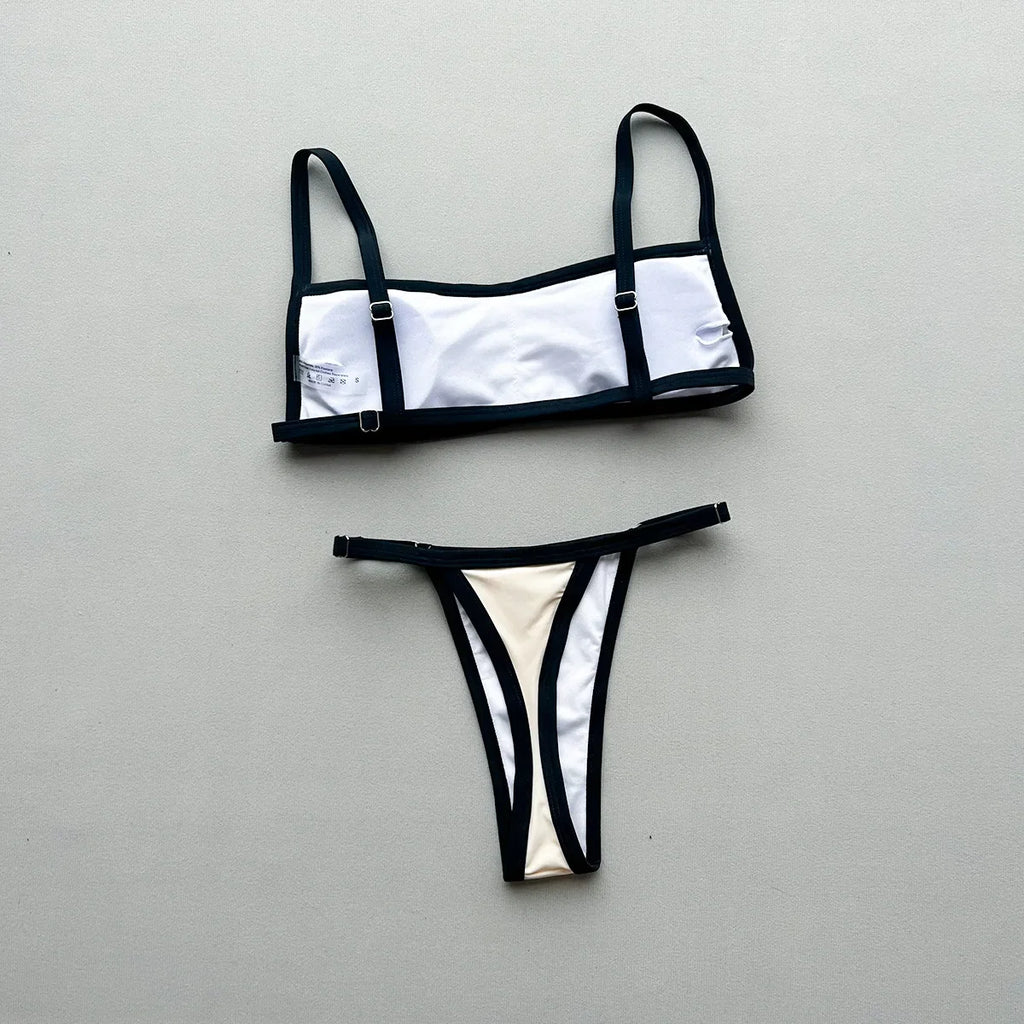 Sexy Beige Black Patchwork Bikini Set 2026 Women Halter Push Up Bra Thong Swimsuit Summer Bathing Suit Holiday Swimwear Biquini