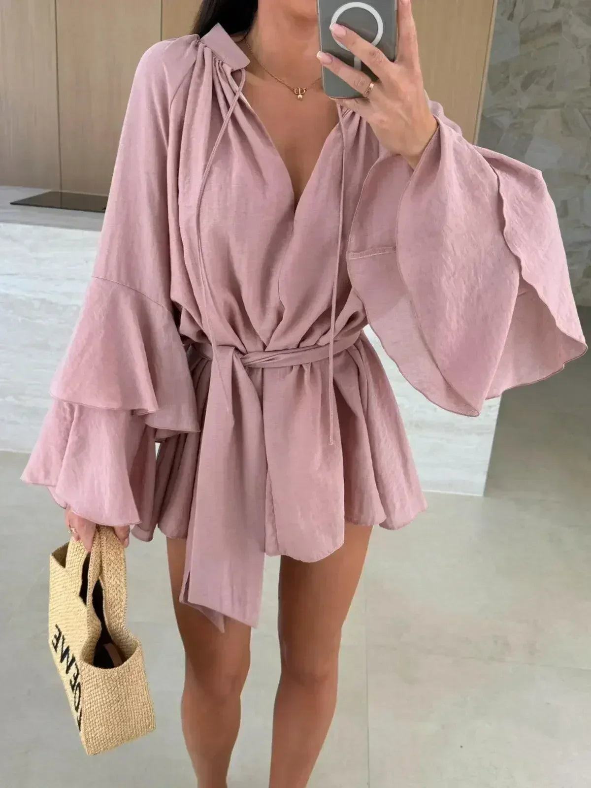 Elegant Fold Dress Women Brown Deep V-neck Long Sleeve Mini Dresses Female 2025 Spring Summer Fashion Loose Lady Vestidos