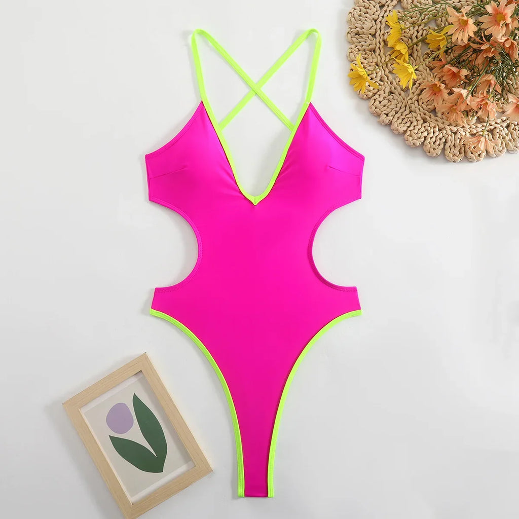 Sexy Hollow Out Backless Thong Swimwear 2026 Women Hot Pink Patchwork Deep V Neck Bandage Beach Bathing Suit One Piece Swimsuit