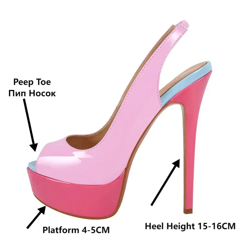 Onlymaker Pink Patent Leather Peep Toe Platform Stilettos Sandals Thin Heel Sexy Buckle Strap  Party Slingback Sandals