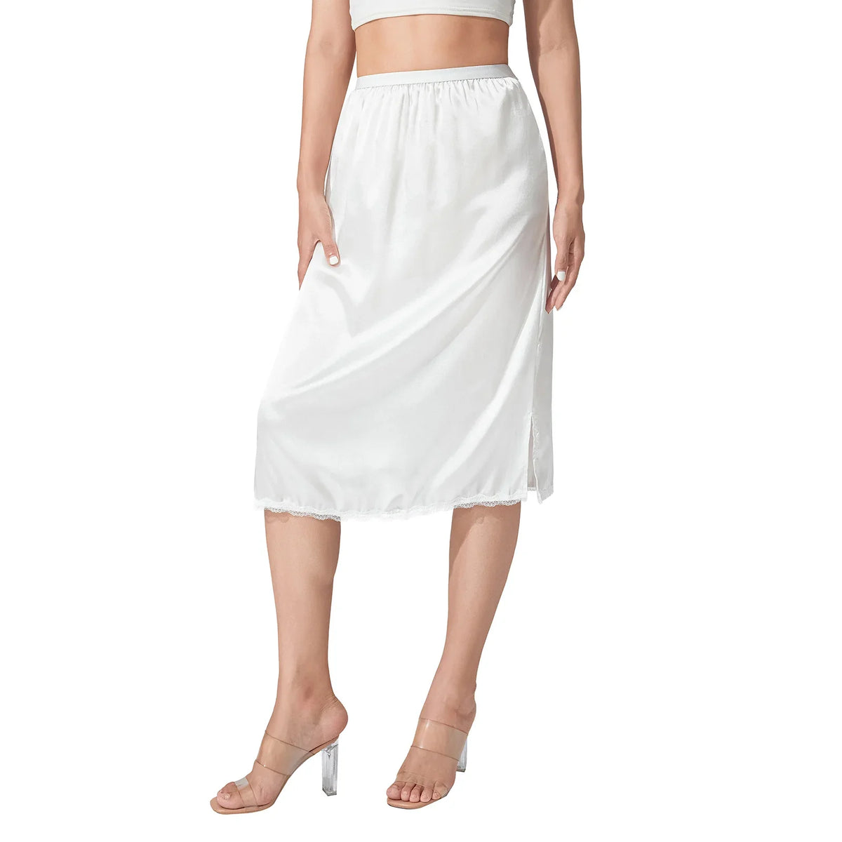 Women's Solid Color Skirts Elastic Waist Satin Underskirt Lace Trim Skirt for Under Dresses Black/White