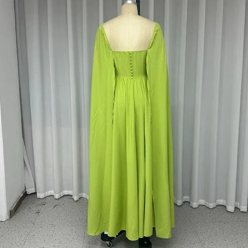 Wefads Maxi Dress Women Elegant Fashion Solid Cape Long Sleeve Square Neck Nipped Waist Backless Evening Party Dress Streetwear
