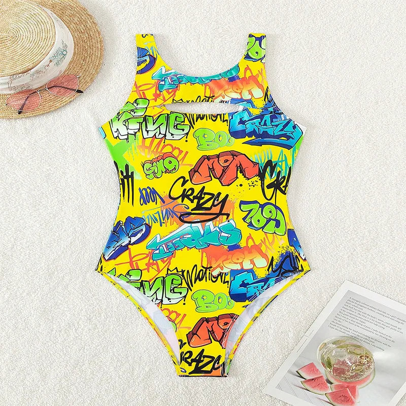 Vintage Yellow Abstract Print One Piece Swimsuit 2024 Women Hollow Out Holiday Bathing Suit Tummy Control Swimwear Beachwear