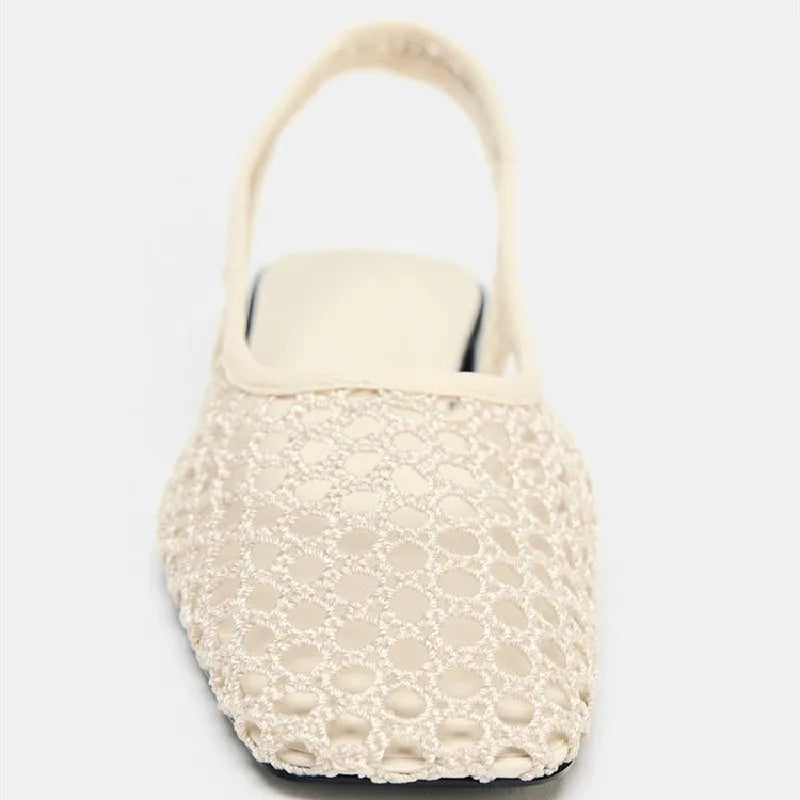 Weave Mesh Breathable Mules Sandals for Women Summer New Slingback Beach Shoes Casual Square Toe Fashion Ballet Flats Ladies
