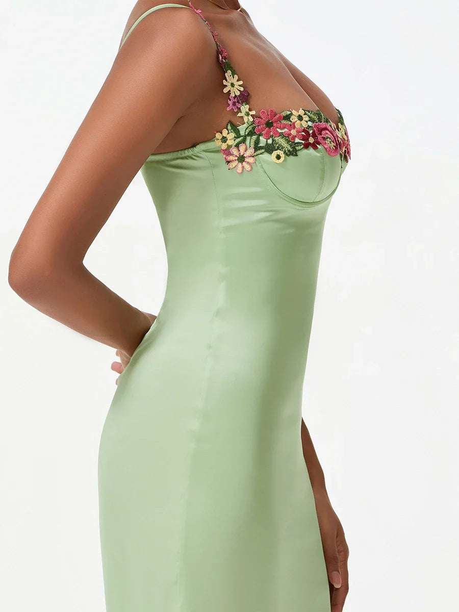 Satin Sling Bodycon Long Dress Women Flower Embroidery Sleeveless Spaghetti Strap Cocktail Dress Summer Party Club Skinny Dress