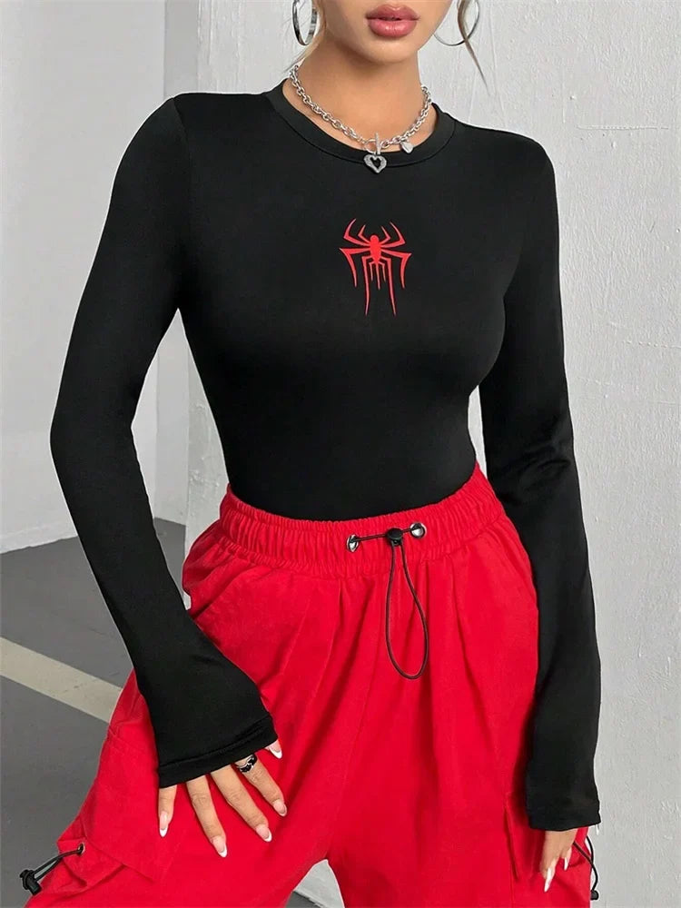 Women Spider Print Round Neck Long Sleeve Crop Tee Top Autumn Winter Spring Y2K Clothes Slim fit T-shirt