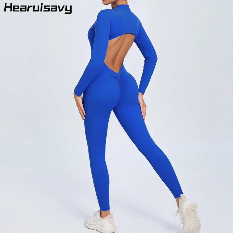Hearuisavy Summer V Back Sports Jumpsuit Yoga Clothes Rompers Women Long Sleeveles Workout Bodysuits Backless One-piece Suit