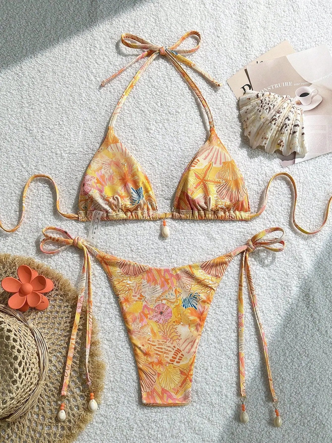 Sexy Orange Leaves Print Micro Bikini 2025 Women Shell Ornament Push Up Bra Bandage Thong Swimsuit Holiday Bathing Suit Swimwear