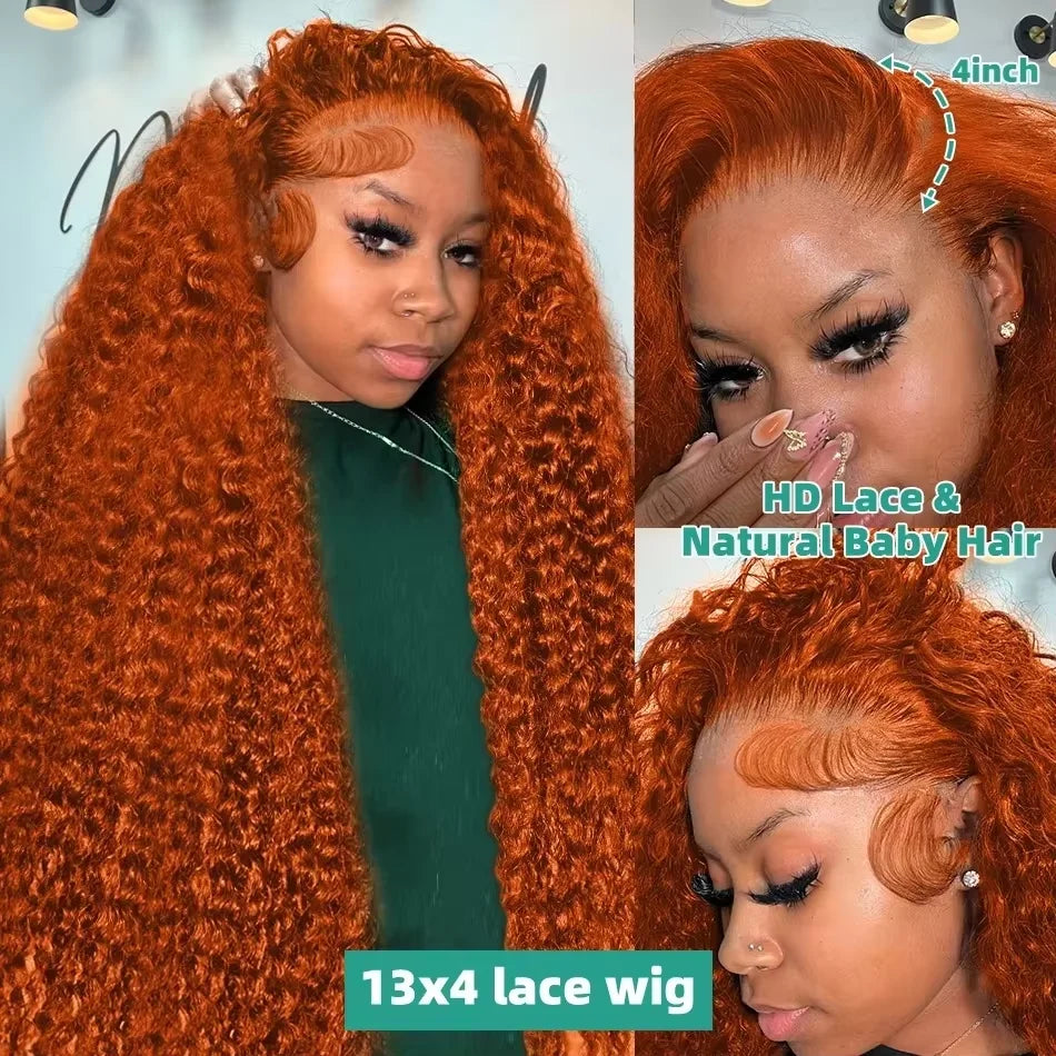 38 inch Brazilian Deep Wave Ginger Orange 13x6 HD Lace Front Human Hair Wig Curly 13x4 Lace Frontal Wig 5x5 Glueless Closure Wig