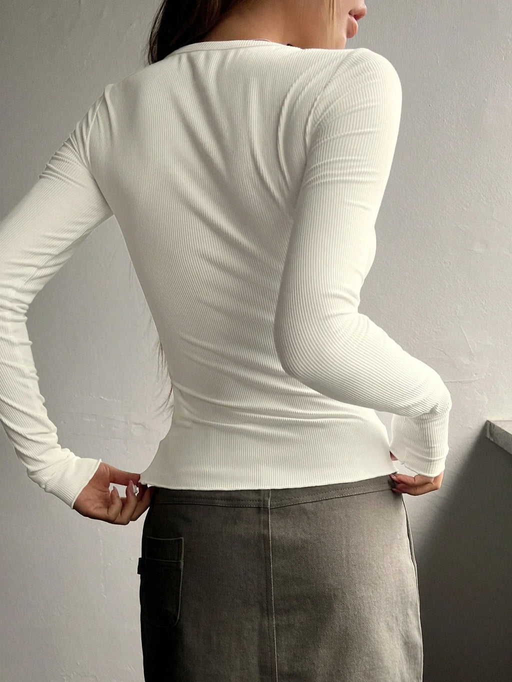 Women's Casual Solid Color Slim Fit Half-Button Long Sleeve T-shirt Commuting Rib-Knit Cropped Top Spring/Fall