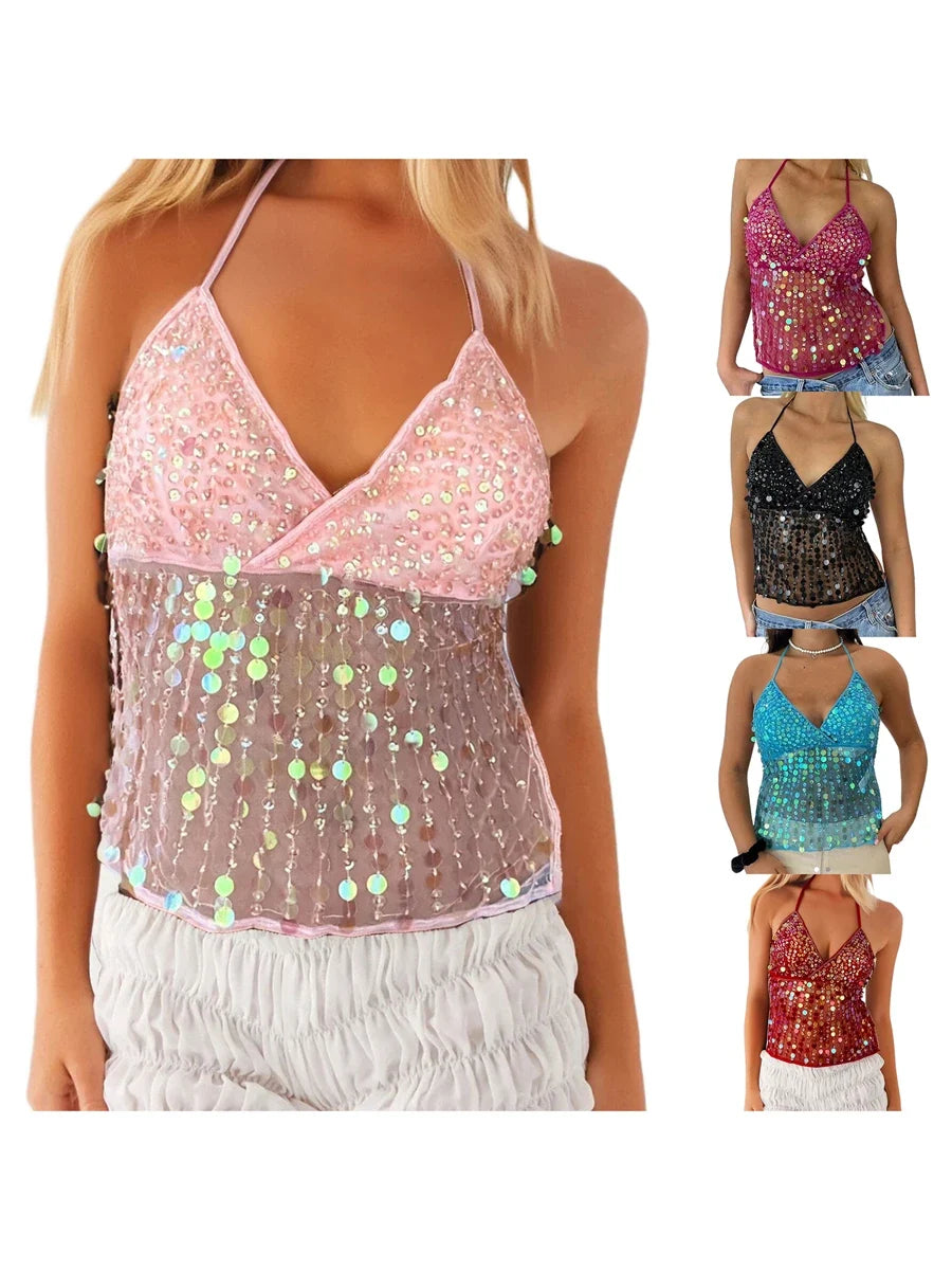 Women's Solid Color Halter Neck Crop Tops Summer Sleeveless V neck Open Back Slim Fit Tie Up Sequins Camis Tops