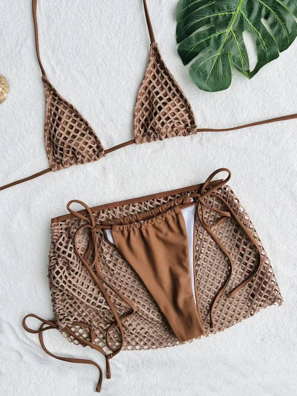 2026 Summer New Sexy Hollow Out Bikini 3 Piece Set Solid Spaghetti Strap Tops + Laced Upunderpants + Skirt Swimwear Swimsuit