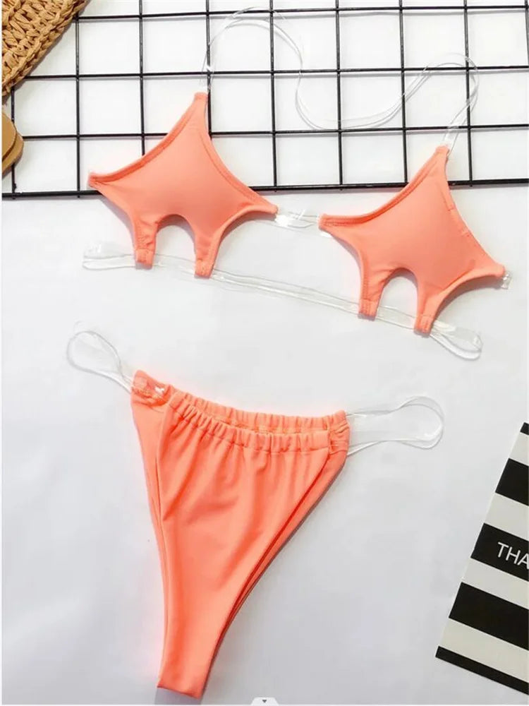 Sexy Micro Bikini 2025 Women Pentagram Design Transparent Swimwear Neon Clear Strap See Through Thong Swimsuit Traje De Baño