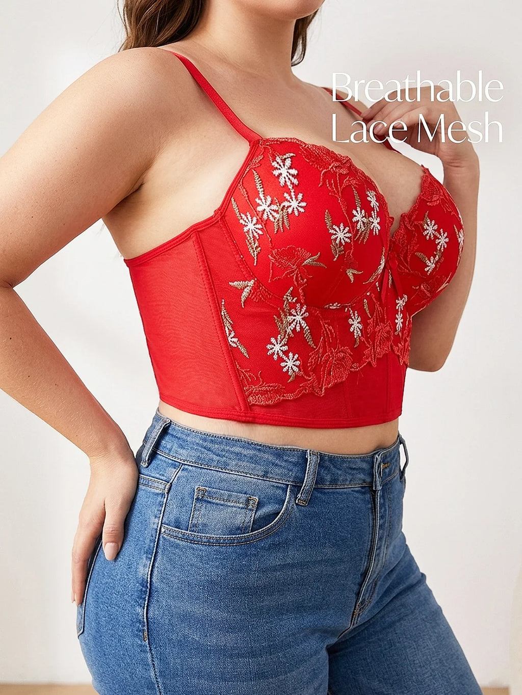Plus Size Floral Embroidered Lace Bustier Bra – Push Up, Tummy Control & Non-Slip Corset Top